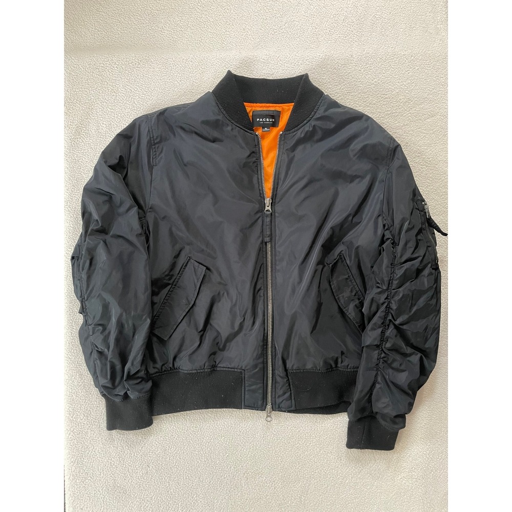 PacSun Mens XL Bomber Jacket Black Orange Lining Ruched Sleeve Utility Pocket